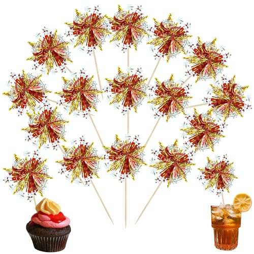 30Pcs Foil Firework Cupcake Toppers Sparkle Tinsel Cupcake Picks Happy Birthday Cake Decorations Drink Stirrers Cocktail Food Fruit Toothpicks for Baby Shower Graduation Party Supplies Gold Red (30 Count)