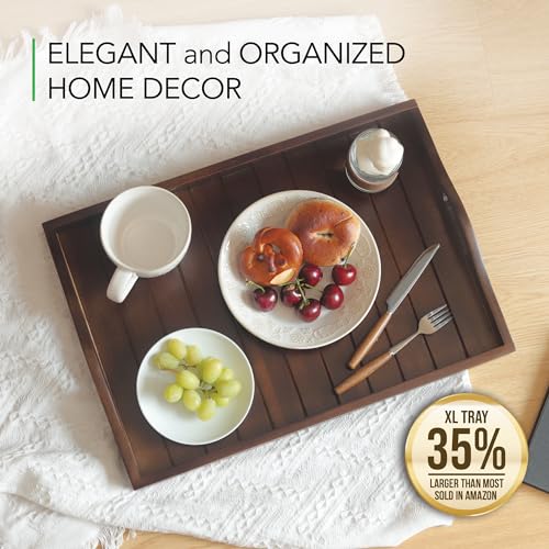 Large Acacia Wooden Serving Tray with Handles 20 x 14 inch Decorative Coffee Table Ottoman Tray for Living Room Extra Large for Kitchen Dinner Food Bar Breakfast in Bed