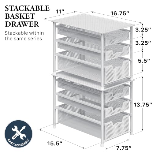 3 Tier White Alloy Steel Sliding Basket Organizer Drawer Cabinet