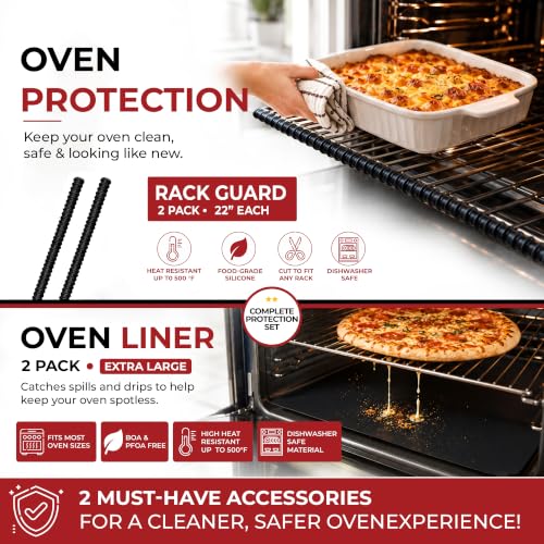 Oven Liners for Bottom of Oven 17"x 25" and Silicone Rack Guards Black 22" (4 Count)