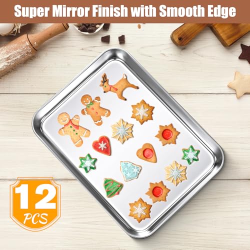 12 Pcs Baking Sheet Pan Set Stainless Steel Cookie Sheet Small Toaster Oven Pans Tray Barbecue Grill Pan Rectangle Trays Oven Freezer Bakery