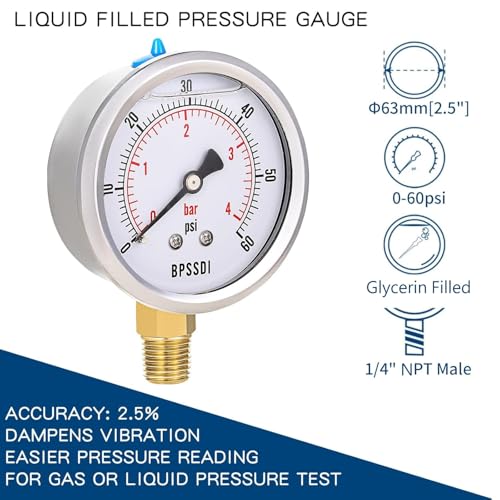 0 60 Psi Glycerin Liquid Filled Low Pressure Gauge
