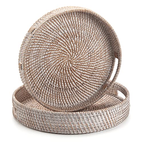 Round Rattan Serving Tray Decorative Woven Ottoman Trays with Handles for Coffee Table White