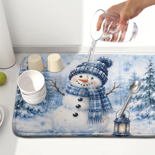 Winter Snowman Decorations Dish Drying Mat 16x18 Inch