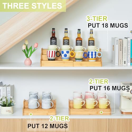 2 Tier Expandable Bamboo Mug Holder Coffee Mug Rack Organizer for Countertop (16 Count)