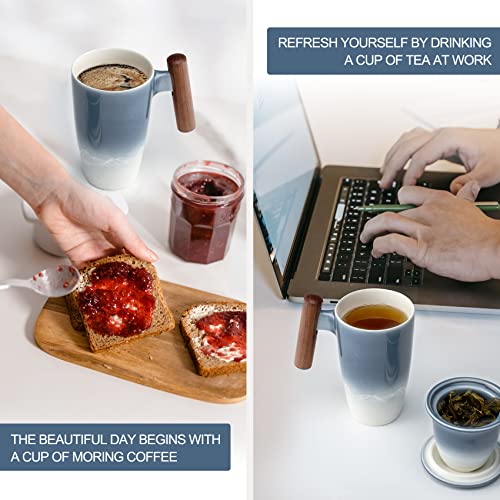 Tomotime Tea Cup with Infuser and Lid 400ml Ceramic Tea Mugs Smooth Inner Wall Wooden Handle 13.5 oz