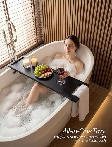 39" Black Wooden Bathtub Caddy with Spot for Phone