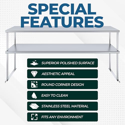 NSF Certified 18 Gauge Heavy Duty Stainless Steel Double overshelf with Brackets for Kitchens