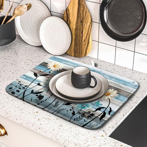 Blue White Daisy Floral Dish Drying Mat for Kitchen Counter