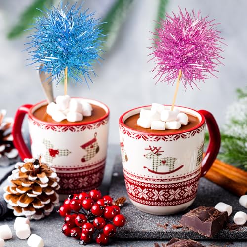 100 Pcs Foil Firework Cupcake Toppers Sparkle Tinsel Cake Toppers Cake Decoration Cocktail Fruit Toothpick for Christmas Birthday Wedding Graduation Party Decoration