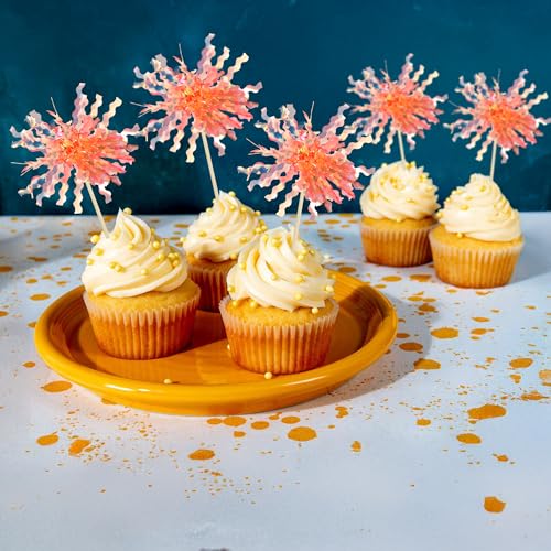 30Pcs Foil Firework Cupcake Toppers Sparkle Tinsel Cake Toppers Tinsel Drink Cake Decoration Cocktail Picks for Birthday Wedding Graduation Party Supplies Orange (30 Count)