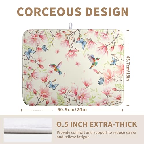 Spring Flowers Floral Dish Drying Mats Spring Summer Hummingbird Dish Mat Drying Matt Butterfly Dishes Dryer Pad for Kitchen Counter Absorbent Microfiber Washable Foldable Reusable 18x24 in