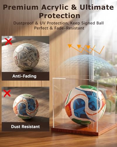 Full Size Acrylic Soccer Ball Display Case Solid Wood Base