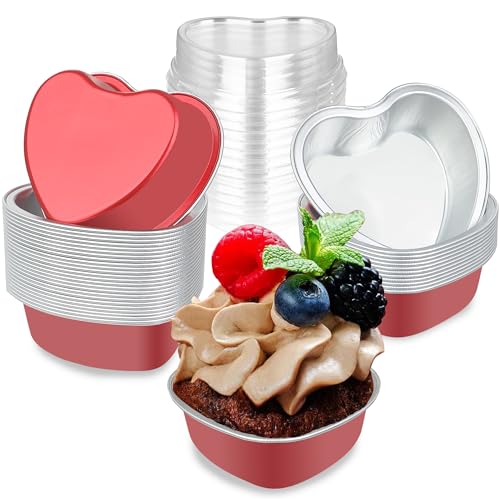 Mini Heart Shaped Cake Pans 3.5oz Aluminum Foil Heart Cake Pan with Lids (25 Count)