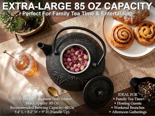 85 Oz XXL Black Bamboo Cast Iron Teapot