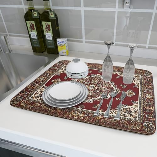 Vintage Boho Dish Drying Mat Antique Tribal Rustic Red Floral Dish Drainer Mats 18"x24" Ethnic Carpet Microfiber Reversible Dish Drying Rack Pad Protector for Kitchen Countertop Decor