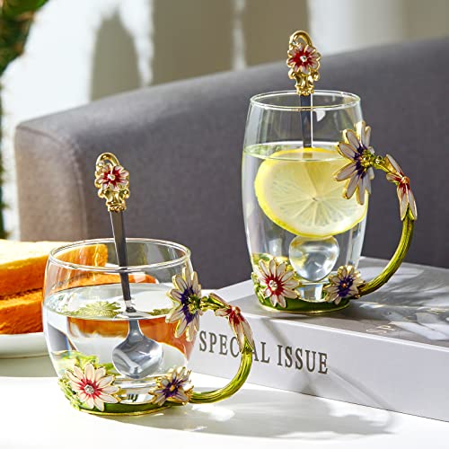 Glass Fancy Tea Cup Set Birthday Christmas Valentine's Day Gift Idea for Tea Lover and Women Novelty Coffee Mugs Rose Flower Enamel Glass Mug with Spoon Set (34.99 Count)