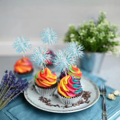30Pcs Foil Firework Cupcake Toppers Sparkle Tinsel Cake Toppers Tinsel Drink Cake Decoration Cocktail Picks for Birthday Wedding Graduation Party Supplies Laser Blue (30 Count)