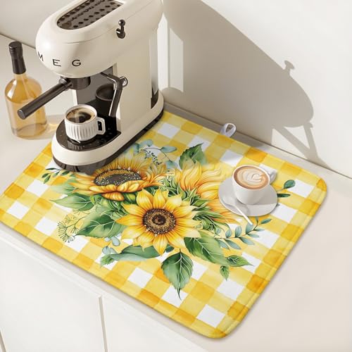Sunflower Dish Drying Mat 16x18 Inch Absorbent Reversible Summer Sunflower Drying Mat Summer Plaid Dish Drying Rack Mat Yellow Summer Themed Dish Drainer Mat for Kitchen Counter Coffee Bar
