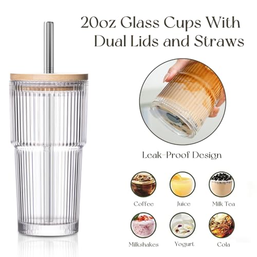 20oz Ribbed Glass Tumblers with Bamboo Lids & Straws