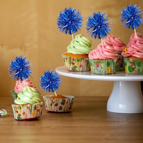 30Pcs Foil Firework Cupcake Toppers Sparkle Tinsel Cake Toppers Tinsel Drink Cake Decoration Cocktail Picks for Birthday Wedding Graduation Party Supplies Dark Blue (30 Count)