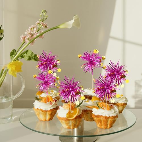 30 PCS Foil Firework Cupcake Toppers Happy Birthday Star Cupcake Picks Sparkle Tinsel Drink Stirrers Cocktail Fruit Toothpicks for Valentine's Day Wedding Birthday Party Decorations Supplies Purple (30 Count)