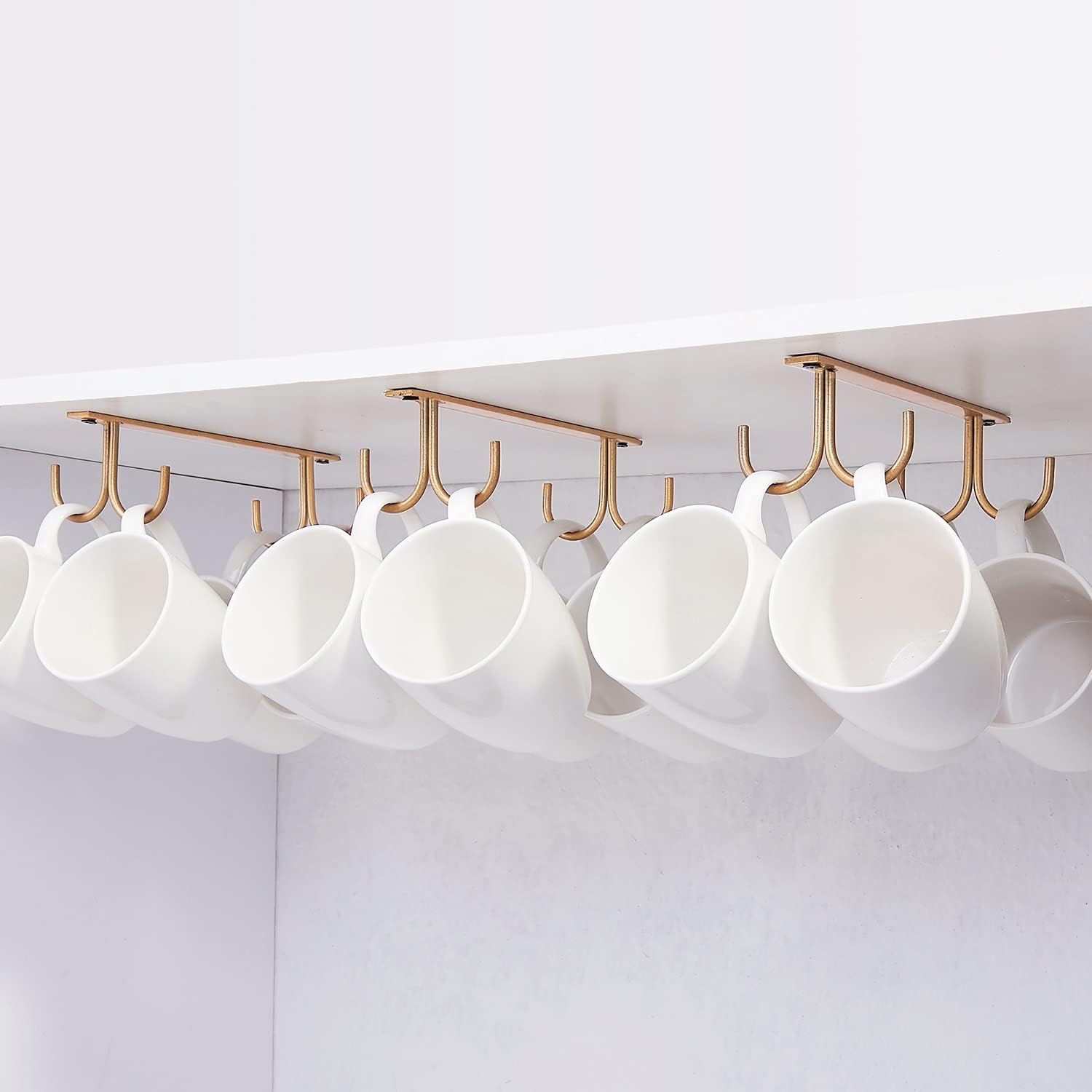 Mug Rack Under Cabinet - Coffee Cup Holder, 12 Mugs Hooks Under Shelf, Display Hanging Cups Drying Hook for Bar Kitchen Utensils Gold