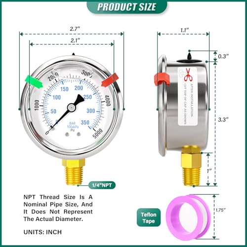 0 5000PSI Stainless Steel Glycerin Liquid Filled Pressure Gauge