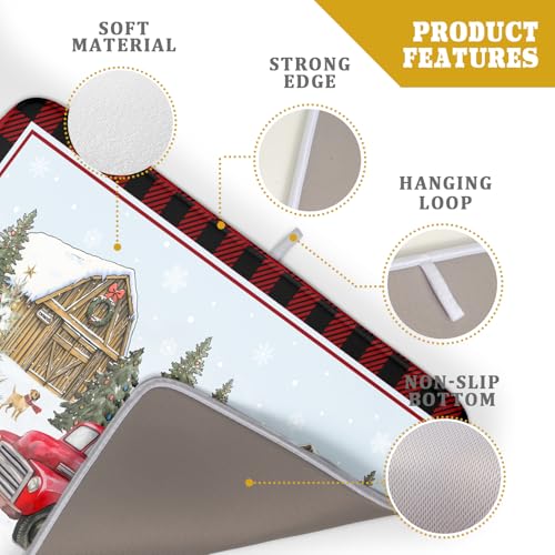 Christmas Truck Dish Drying Mat 18x24 inch Large Winter Snowman Xmas Trees Snow Farm Dish Drainer Mats Red Black Buffalo Plaids Absorbent Dish Drying Pad for Kitchen Countertop Decor