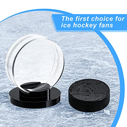 2 Pieces Hockey Puck Display Case Acrylic Clear Puck Holder with Shell Base Hockey Display Stand Autographed Souvenir Memorabilia for Enthusiasts Collection