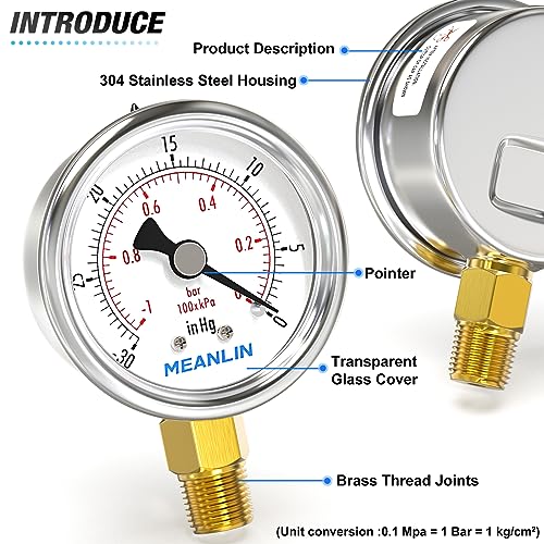 30inHG~0Psi Vacuum Gauge Stainless Steel 1