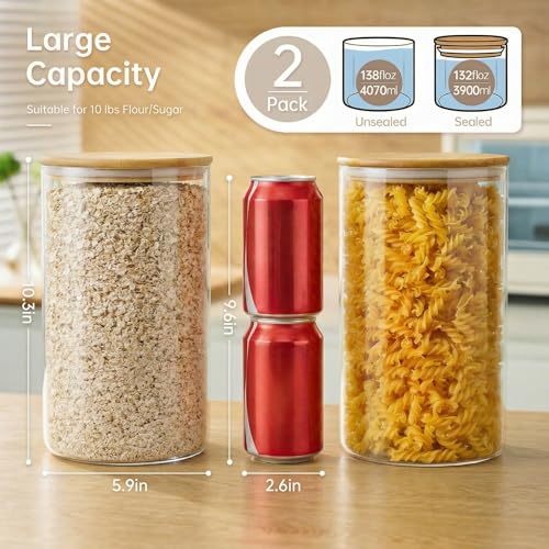 132oz Large Glass Storage Containers with Bamboo Lids for Flour & Sugar (2 Count)