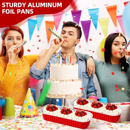 100PCS Red Mini Loaf Pan with Lids and Spoons 6.8oz Rectangular Aluminum Foil Bread Pan 10oz Square Cake Cup with Decal Disposable Baking Supply for Graduate Wedding Birthday (100 Count)