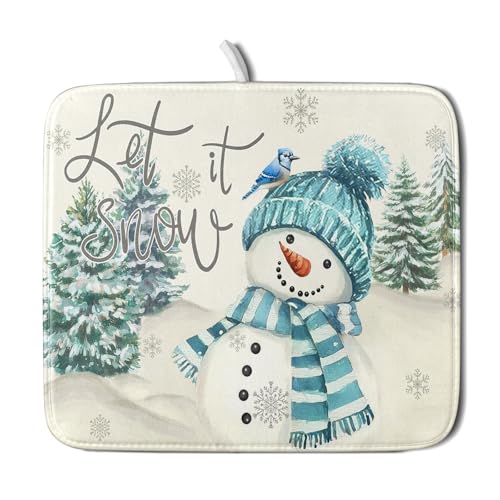 Blue Snowman Dish Drying Mat Xmas Trees Bird Winter Snowy Scene Dish Drainer Mats 16"x18" Microfiber Reversible Dish Drying Rack Pad Protector for Kitchen Countertop Decor