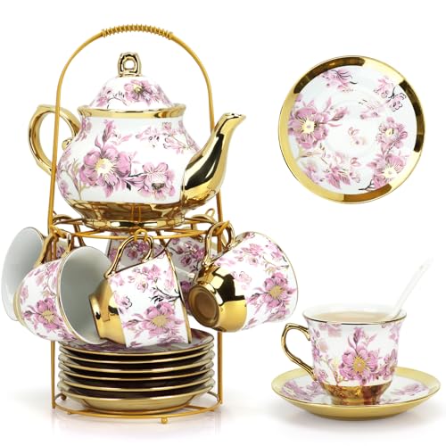 20 Pcs Porcelain Tea Set With Metal Holder