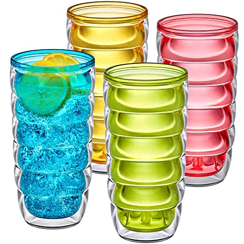 Arctic - 24-Ounce Insulated Plastic Tumblers (Set of 4), Double-Wall Plastic Drinking Glasses, Mixed-Color High-Balls, Reusable Cups, BPA-Free, Shatter-Proof, Dishwasher-Safe (4 Count)