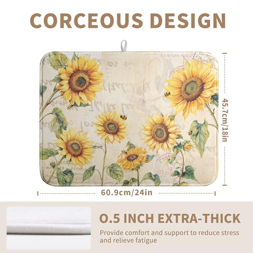 Spring Summer Dish Drying Mat Sunflower Kitchen Dish Drying Pad Absorbent Vintage Drying Mat for Countertops Dish Dryer Mat Microfiber Dishes Drainer Pad Dish Drying Rack Mat