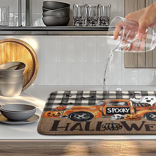 Halloween Buffalo Plaid Dish Drying Mat Fall Pumpkin Rustic Large Kitchen Mats Dish Drying Pad Absorbent Dish Dryer Mat for Kitchen Countertops Microfiber Drainer Pad Dish Drying Mats