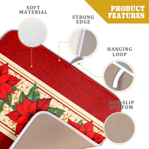 Poinsettia Flowers Dish Drying Mat 16"x18" Christmas Red Decorative Dish Drainer Mats Xmas Winter Floral Print Reversible Microfiber Dish Drying Rack Pad for Kitchen Countertop Sink