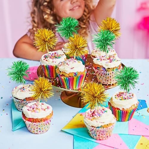 30Pcs Foil Firework Cupcake Toppers Sparkle Tinsel Cake Toppers Tinsel Drink Cake Decoration Cocktail Picks for Birthday Wedding Graduation Party Supplies Gold Green (30 Count)