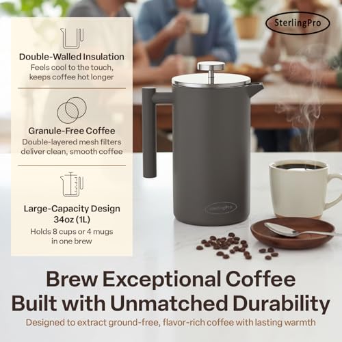 Non Toxic Insulated Stainless Steel French Press Coffee Maker 34oz