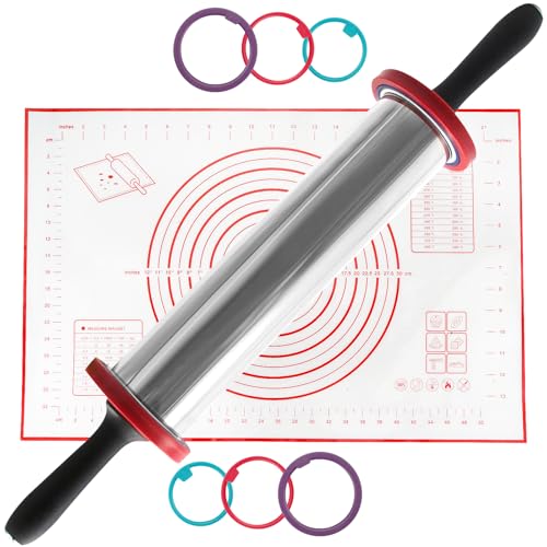 Rolling Pins Stainless Steel Silicone Baking Pastry Mat Set 19 Inch