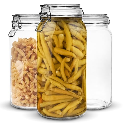 Set of 3 Glass Mason Jar 64 Ounces with Airtight Lid Large Jars With Stainless Steel Bail And Trigger Clamps (3 Count)