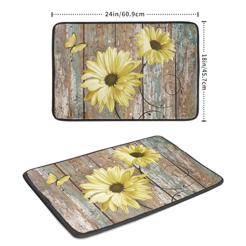 Rustic Daisy Dish Drying Mat for Kitchen Countertop 18x24 inch Yellow Sunflowers on Wooden Board Dish Drainer Mats Fast Drying Country Vintage Shabby Chic Flower Dish Drying Pad Decor Large