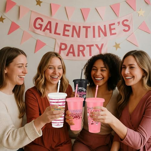 24 Pcs Galentines Gang Cups Bulk 24oz Plastic Reusable Galentines Day Tumbler with Lids and Straws Heart Valentine's Day Gifts Party Favors Supplies Decorations for Women Girls Friendship (24 Count)