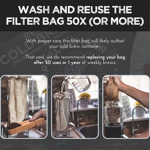 2-Pack, Large 12in x 12in) Organic Cotton Cold Brew Coffee Bag - Designed in California - Reusable Coffee Filter with EasyOpen Drawstring Cold Brew Maker for Pitchers, Mason Jars, & Toddy Systems (2 Count)
