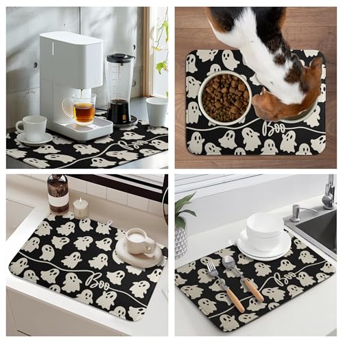 Halloween Ghosts Dish Drying Mat Black and White Large Kitchen Mats Dish Drying Pad Absorbent Dish Dryer Mat for Kitchen Countertops Microfiber Drainer Pad Dish Drying Mats