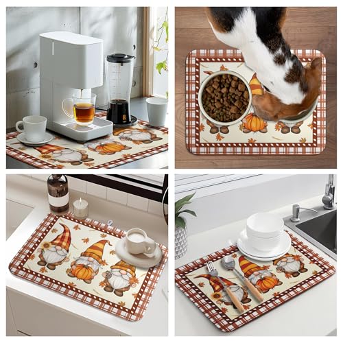 Fall Pumpkin Gnomes Dish Drying Mat Maple Leaves Autumn Large Kitchen Mats Dish Drying Pad Absorbent Dish Dryer Mat for Kitchen Countertops Microfiber Drainer Pad Dish Drying Mats