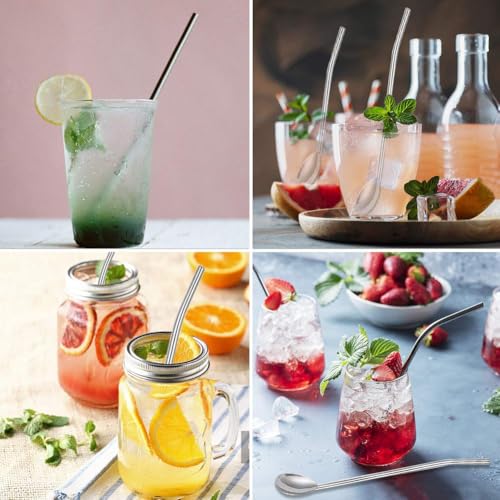 8pcs 2 in 1 Stainless Steel Straws Spoons with 2pcs Cleaning Brushes