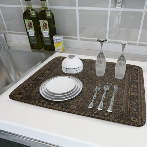 Brown Antique Tabriz Rug Dish Drying Mat for Kitchen Counter